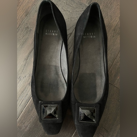 STUART WEITZMAN BLACK BEGET RHINESTONE SLIP ON FLAT PUMP LOW HEELS Size 8 - Picture 1 of 6